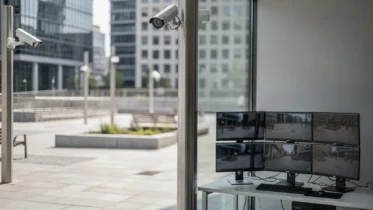 Überwachungskameras an einem öffentlichen Platz mit Monitoren für KI-gestützte Videoüberwachung.