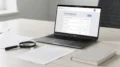 Laptop mit Handelsregistersuche, Akten und Lupe auf einem Bürotisch zum Thema Zefix