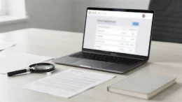 Laptop mit Handelsregistersuche, Akten und Lupe auf einem Bürotisch zum Thema Zefix