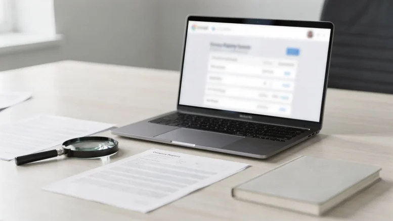 Laptop mit Handelsregistersuche, Akten und Lupe auf einem Bürotisch zum Thema Zefix